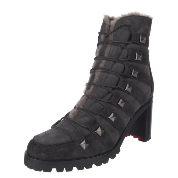 christian louboutin Authentic Gray Black Suede Leather Heel Combat Boots 8 - Picture 2 of 8